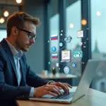 Индивидуальный предприниматель использует электронный документооборот на ноутбуке в современном офисе