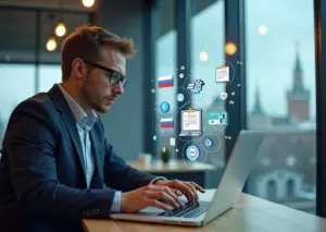 Индивидуальный предприниматель использует электронный документооборот на ноутбуке в современном офисе