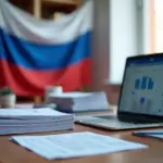 Организованное хранение документов индивидуального предпринимателя с компьютером и российским флагом на заднем плане