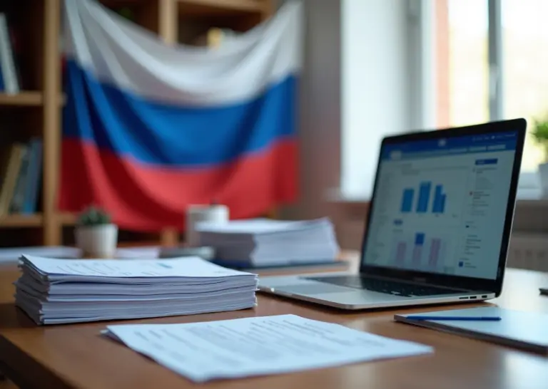 Организованное хранение документов индивидуального предпринимателя с компьютером и российским флагом на заднем плане